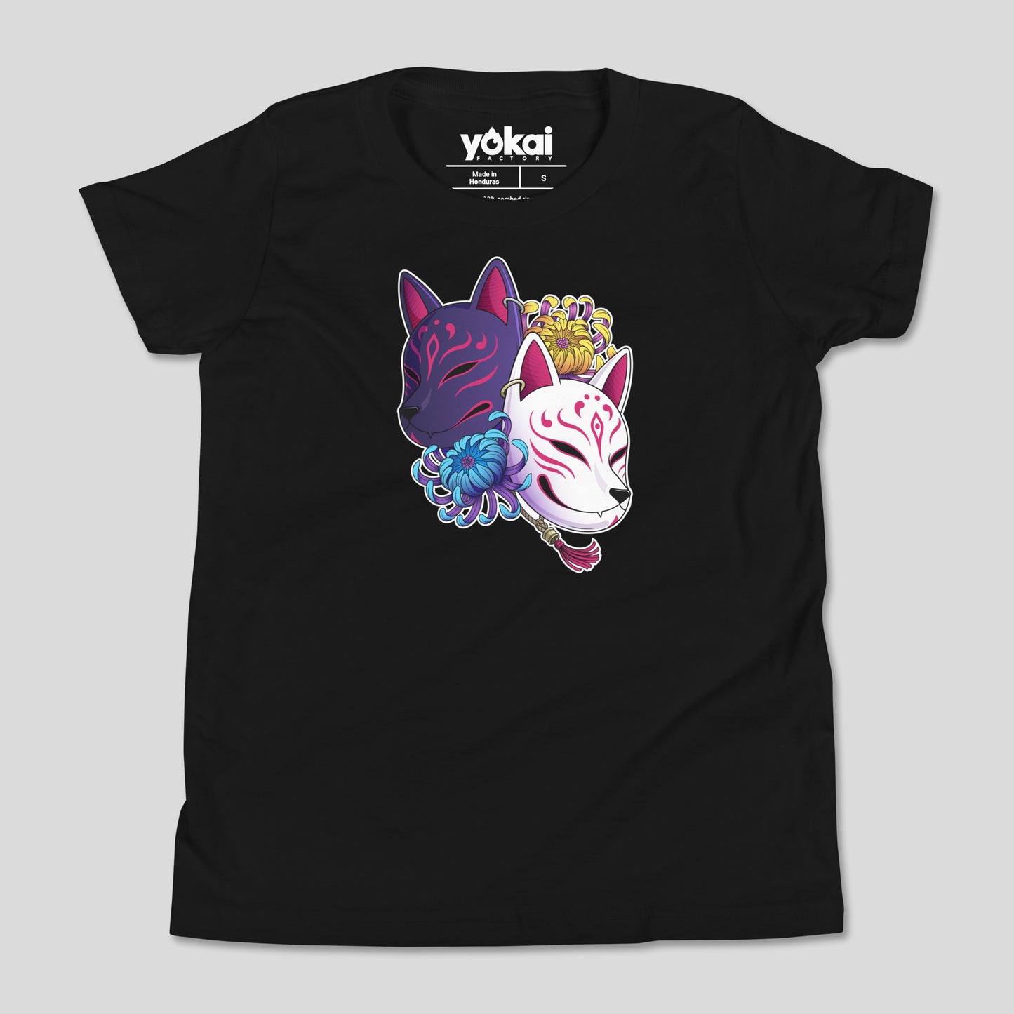 Black Kitsune Masks kids’ T-shirt with fox mask artwork