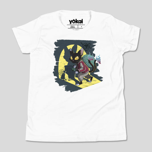 White Nekomata kids’ T-shirt with cat yōkai artwork