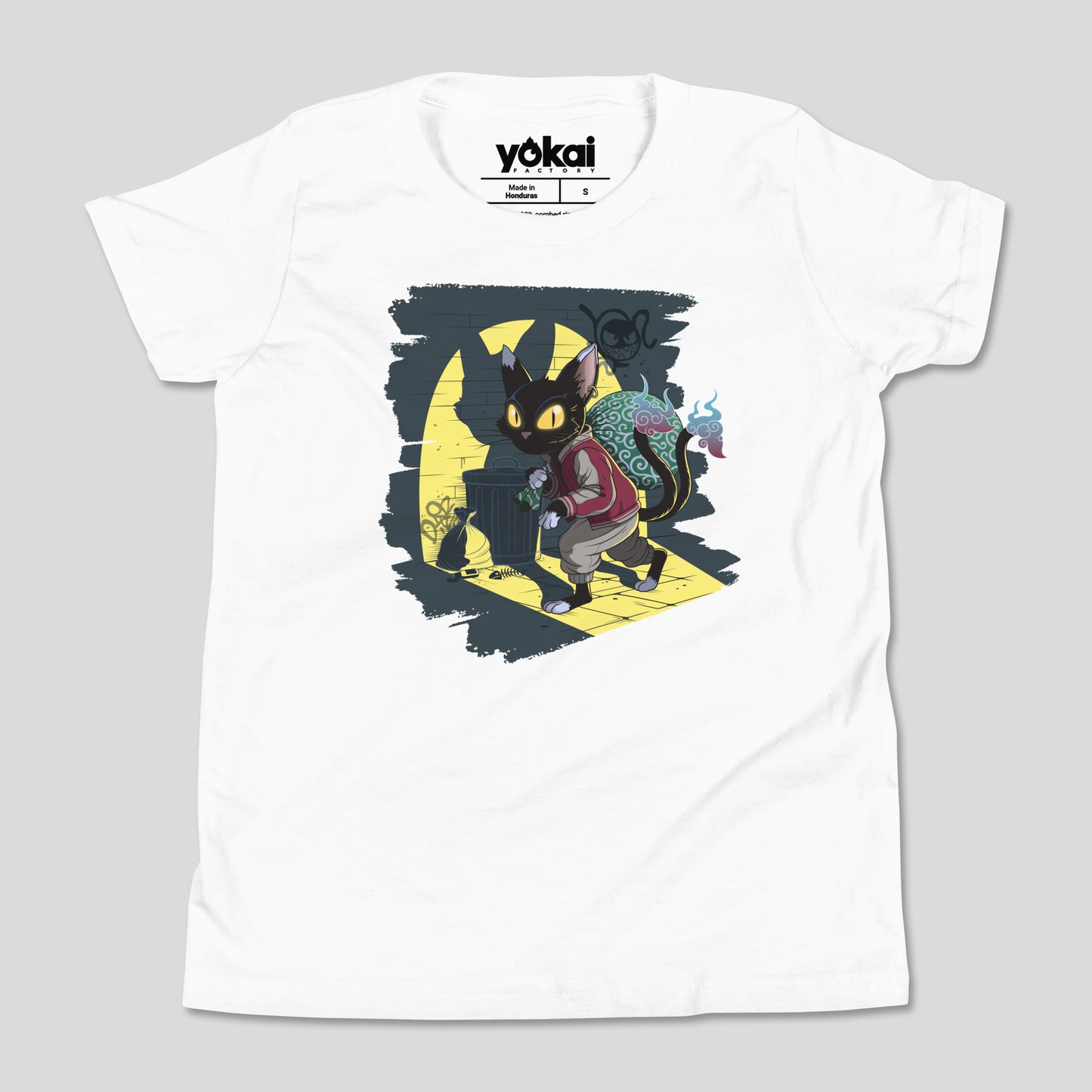 White Nekomata kids’ T-shirt with cat yōkai artwork