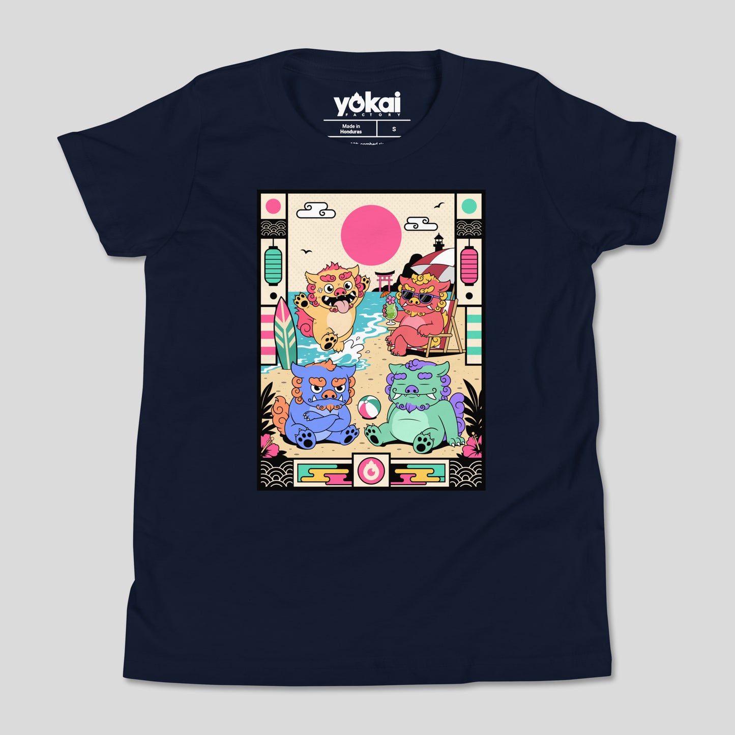 Navy Shisas kids’ T-shirt with colorful guardian artwork