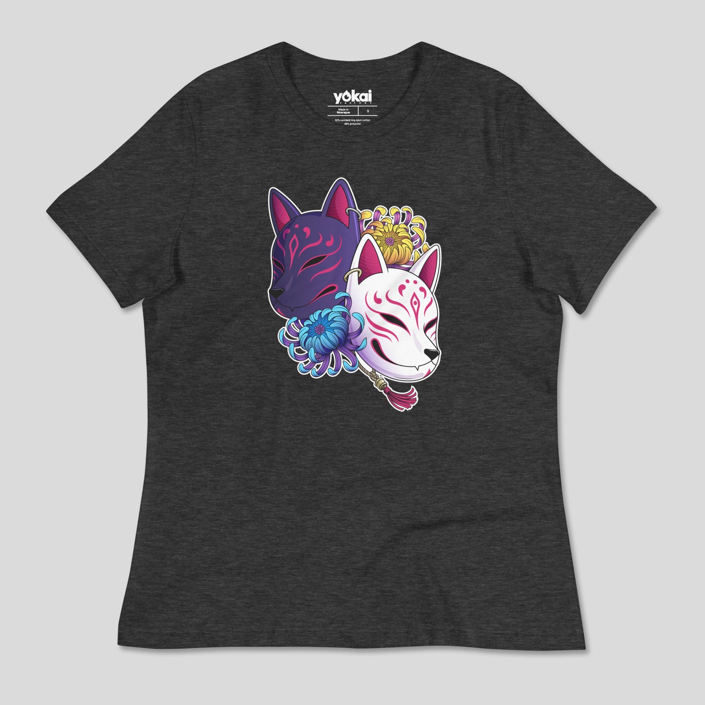 Dark gray women’s relaxed T-shirt with Kitsune Masks artwork