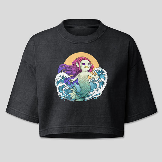 Black Amabie women’s cropped T-shirt with sea-yōkai artwork