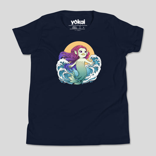 Navy Amabie kids’ T-shirt with colorful wave artwork
