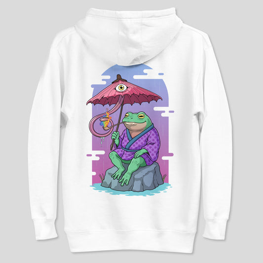 Back of white Ogama unisex hoodie with original yokai artwork