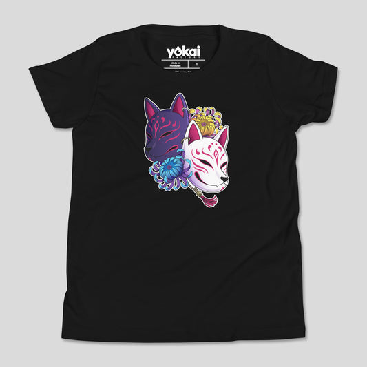 Black Kitsune Masks kids’ T-shirt with fox mask artwork