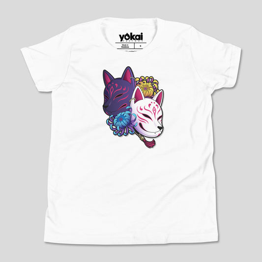 White Kitsune Masks kids’ T-shirt with fox mask artwork