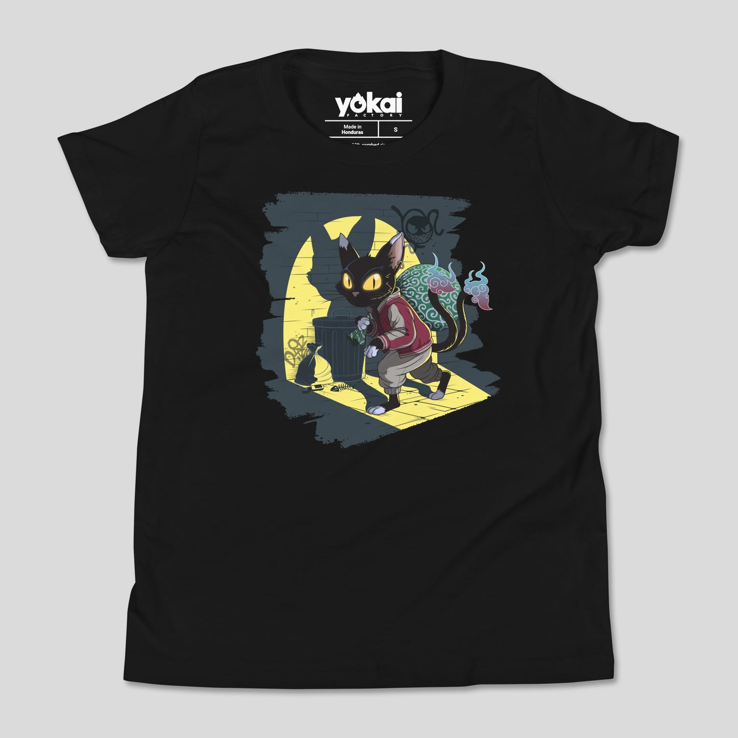 Black Nekomata kids’ T-shirt with cat yōkai artwork