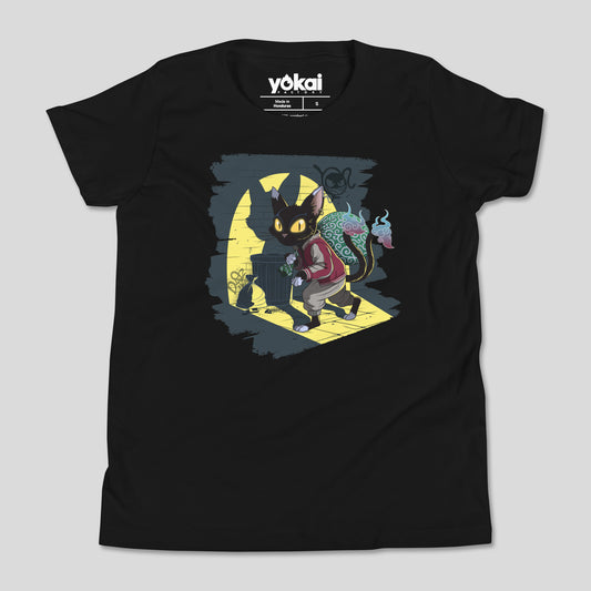 Black Nekomata kids’ T-shirt with cat yōkai artwork