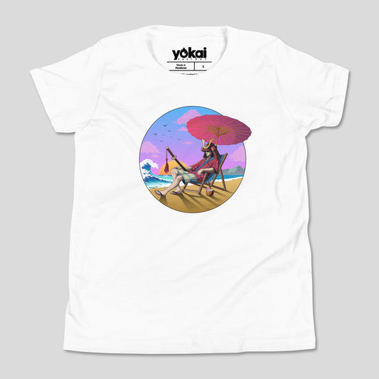 White Chill Samurai kids’ T-shirt with samurai beach artwork