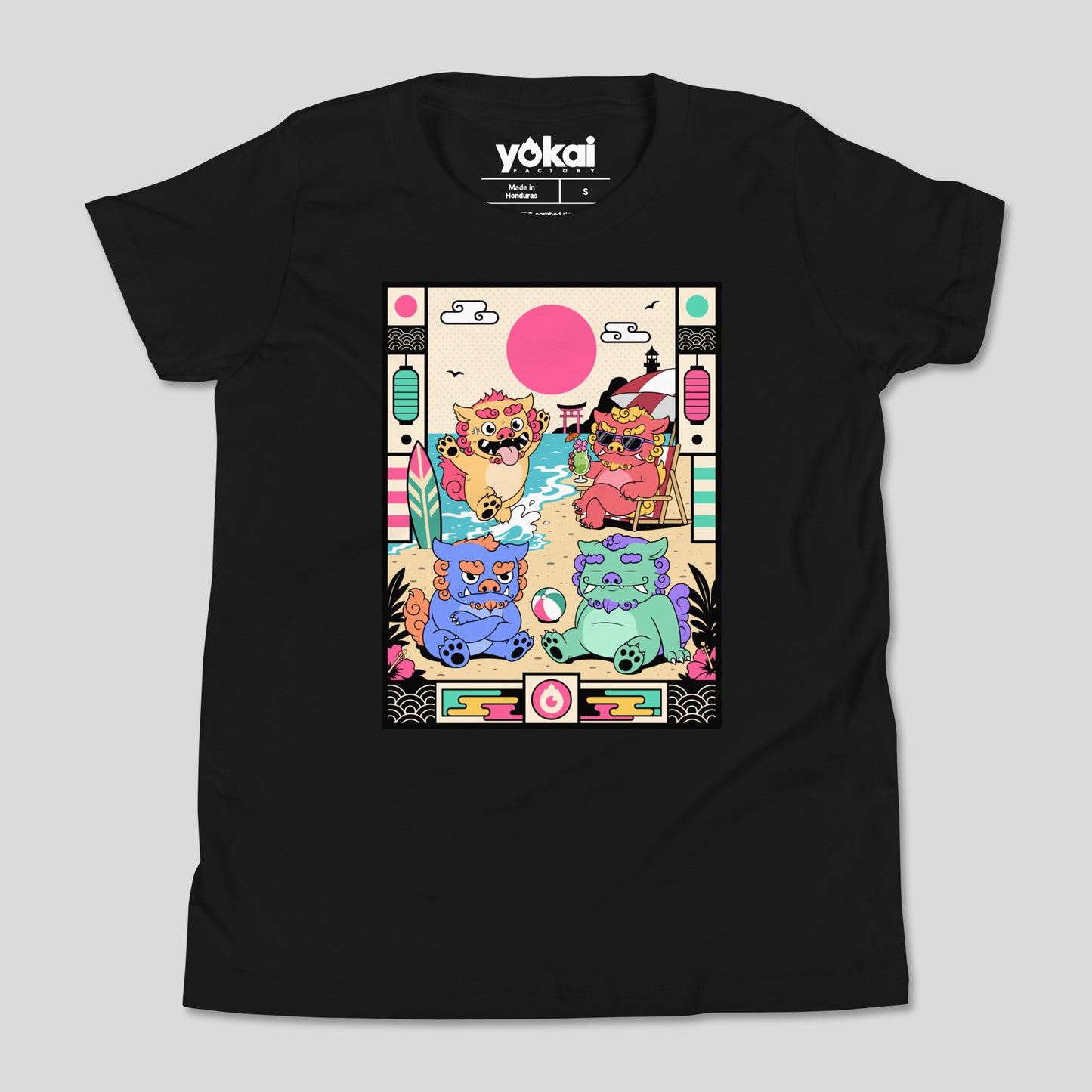 Black Shisas kids’ T-shirt with colorful guardian artwork