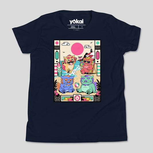 Navy Shisas kids’ T-shirt with colorful guardian artwork