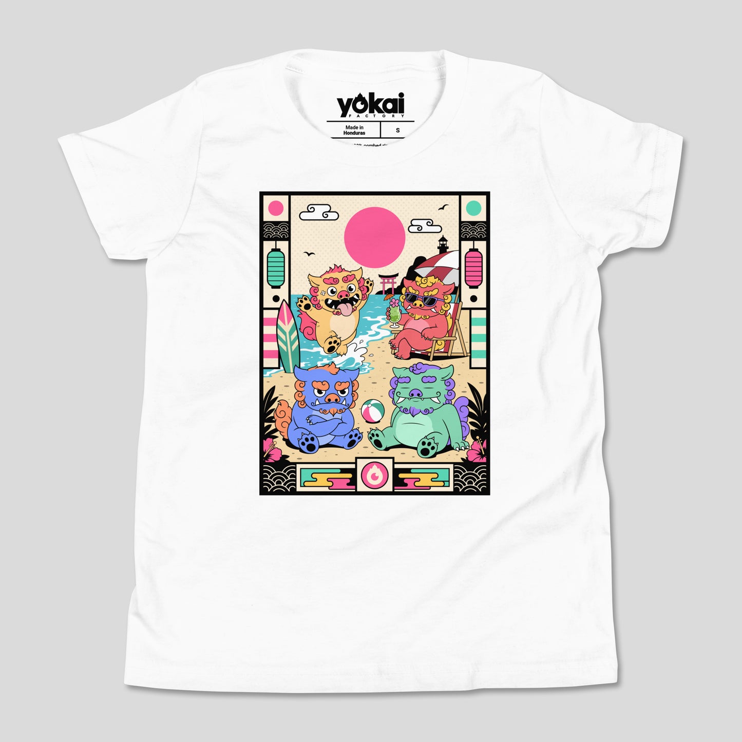 White Shisas kids’ T-shirt with colorful guardian artwork