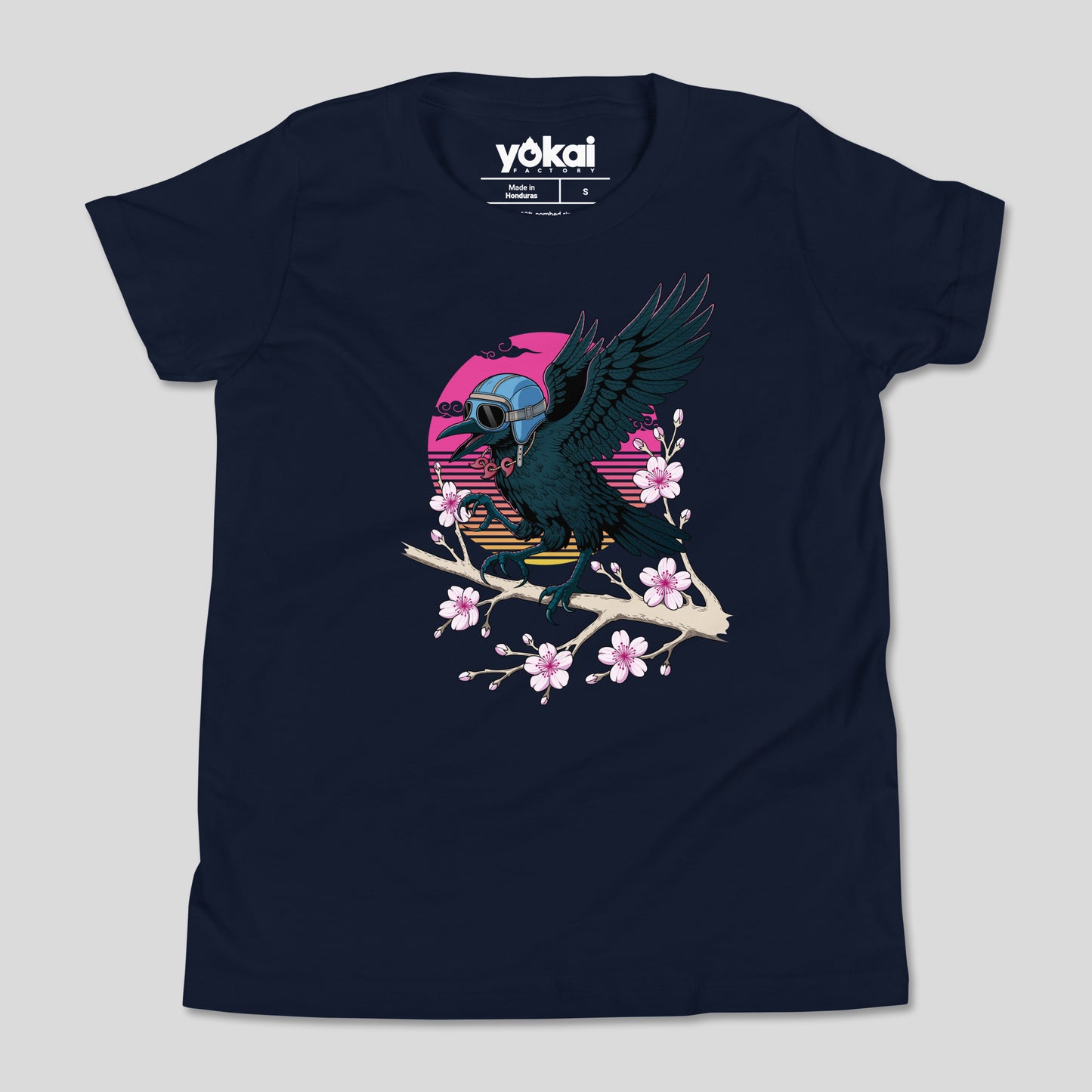 Navy Yatagarasu kids’ T-shirt with crow and cherry blossom artwork