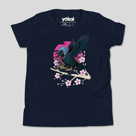 Navy Yatagarasu kids’ T-shirt with crow and cherry blossom artwork