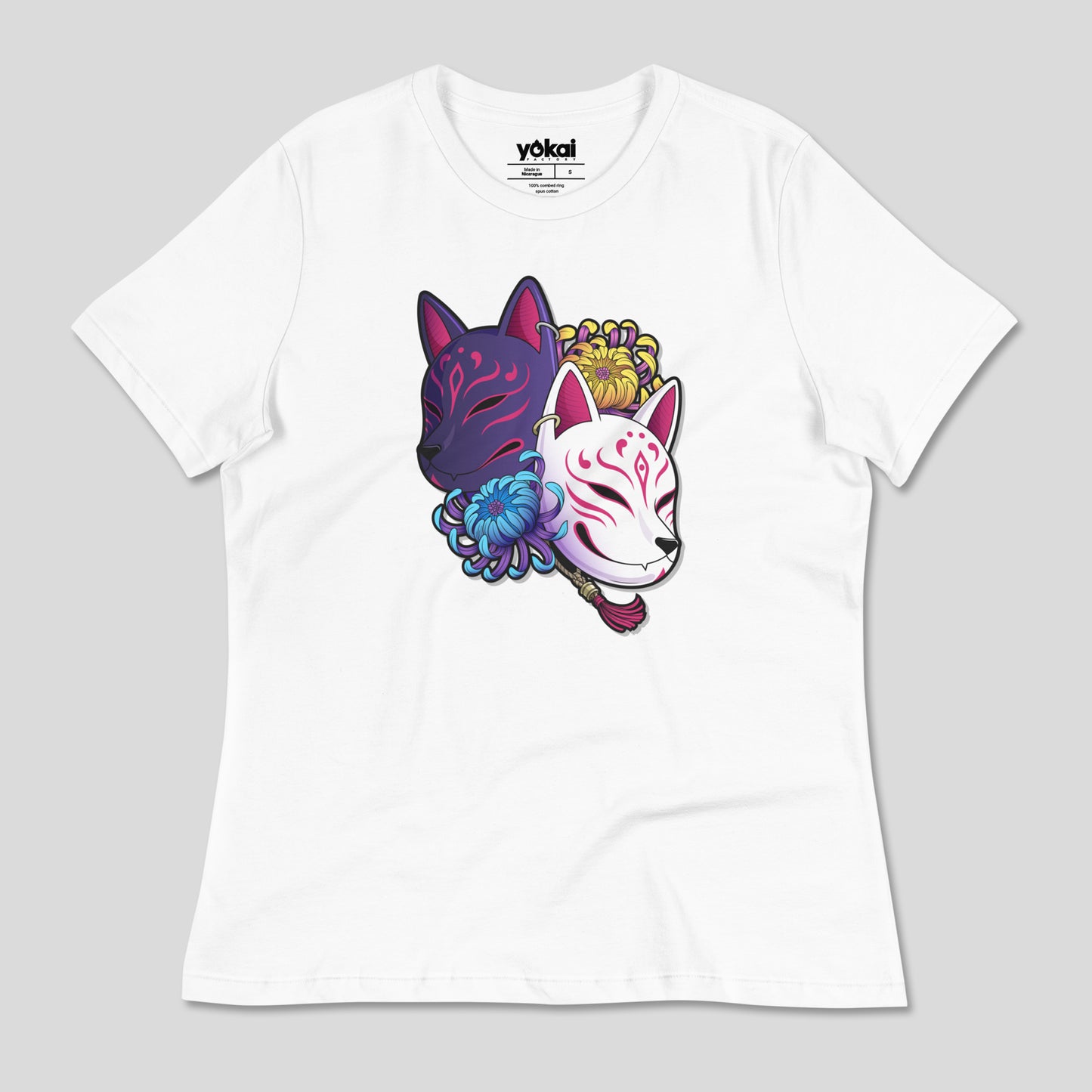 White women’s relaxed T-shirt with Kitsune Masks artwork
